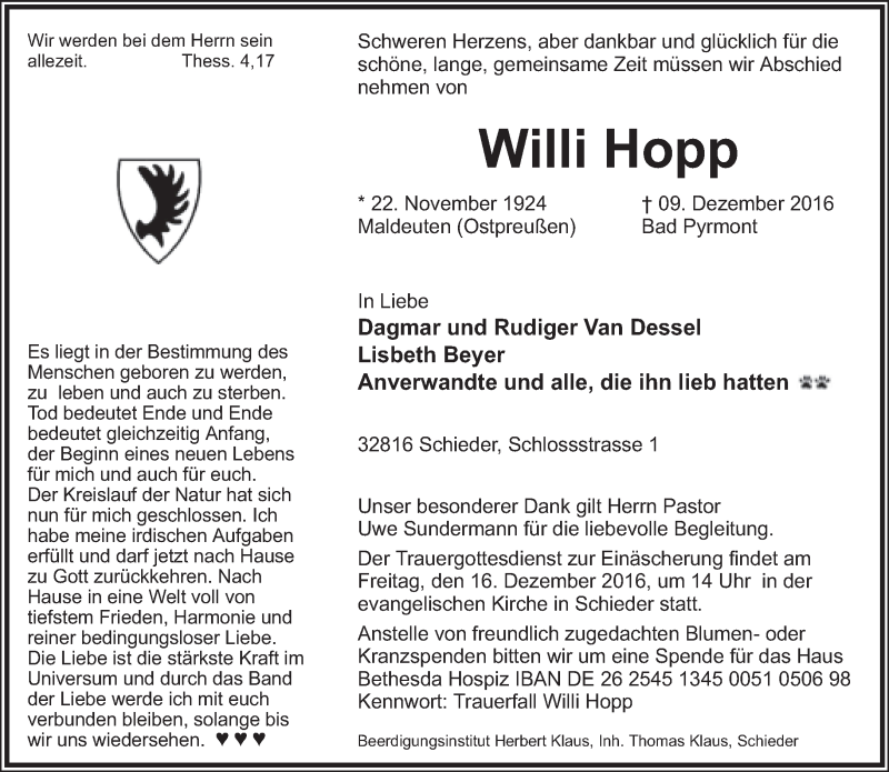  Traueranzeige für Willi Hopp vom 13.12.2016 aus Lippische Landes-Zeitung