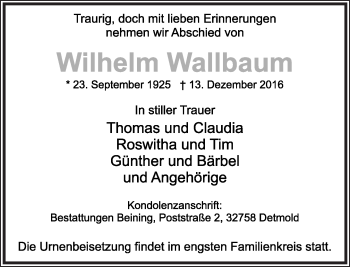 Anzeige  Wilhelm Wallbaum  Lippische Landes-Zeitung