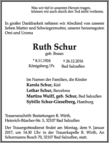 Anzeige  Ruth Schur  Lippische Landes-Zeitung
