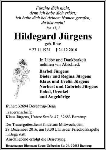 Anzeige  Hildegard Jürgens  Lippische Landes-Zeitung