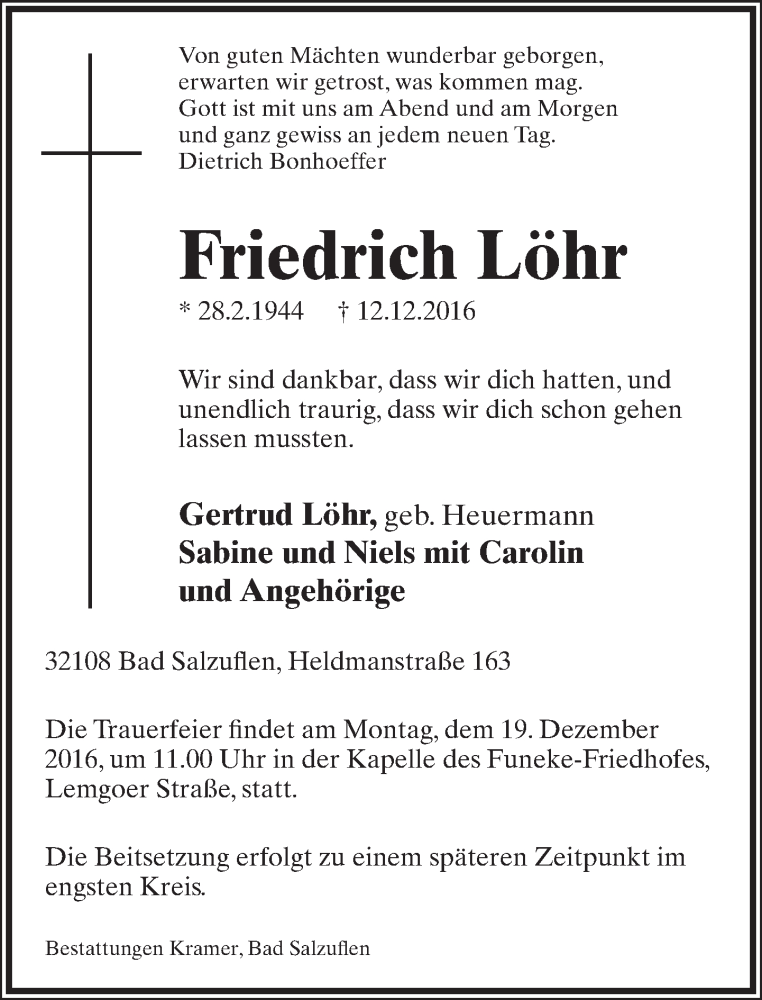  Traueranzeige für Friedrich Löhr vom 15.12.2016 aus Lippische Landes-Zeitung