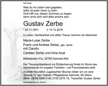 Anzeige  Gustav Zerbe  Lippische Landes-Zeitung
