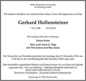 Anzeige  Gerhard Hollensteiner  Lippische Landes-Zeitung