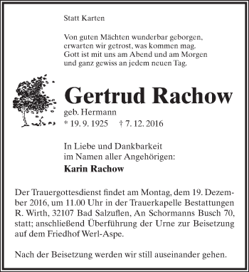 Anzeige  Gertrud Rachow  Lippische Landes-Zeitung