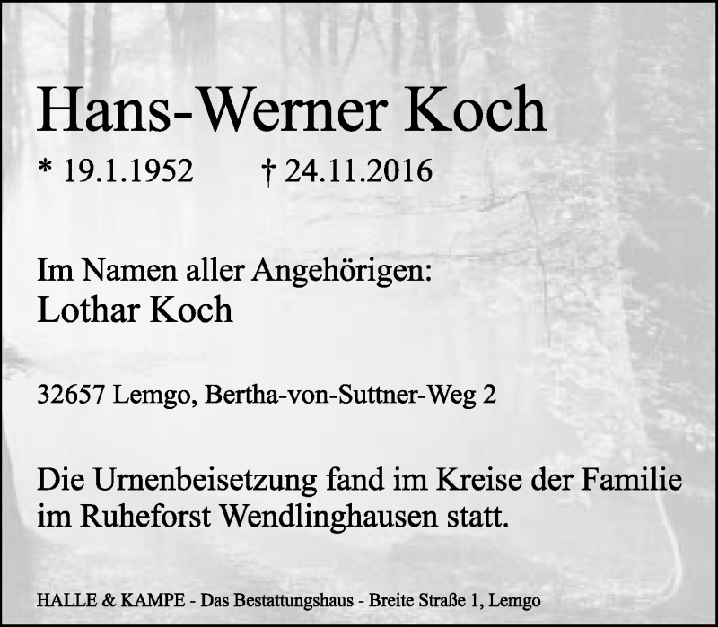  Traueranzeige für Hans-Werner Koch vom 24.12.2016 aus Lippische Landes-Zeitung