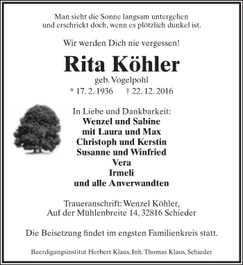 Anzeige  Rita Köhler  Lippische Landes-Zeitung