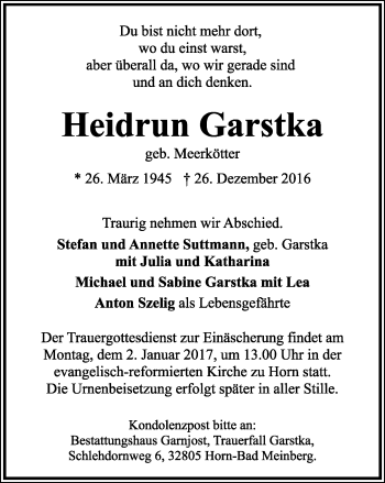 Anzeige  Heidrun Garstka  Lippische Landes-Zeitung