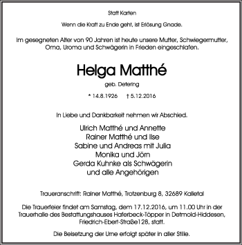 Anzeige  Helga Matthe  Lippische Landes-Zeitung