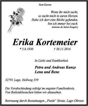 Anzeige  Erika Kortemeier  Lippische Landes-Zeitung