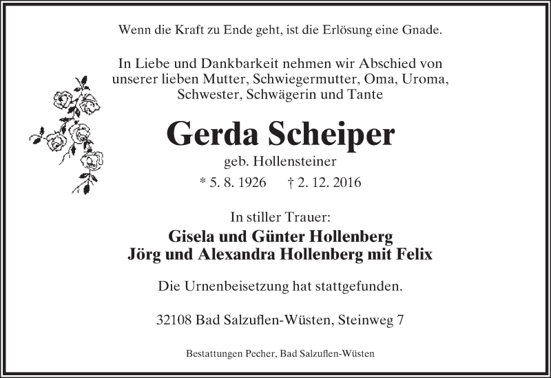 Traueranzeige für Gerda Scheiper vom 10.12.2016 aus Lippische Landes-Zeitung