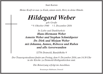 Anzeige  Hildegard Weber  Lippische Landes-Zeitung