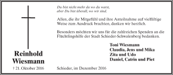 Anzeige  Reinhold Wiesmann  Lippische Landes-Zeitung