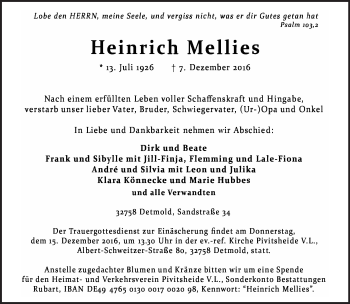 Anzeige  Heinrich Mellies  Lippische Landes-Zeitung