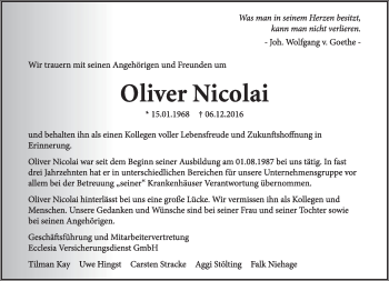 Anzeige  Oliver Nicolai  Lippische Landes-Zeitung