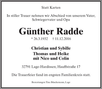 Anzeige  Günther Radde  Lippische Landes-Zeitung
