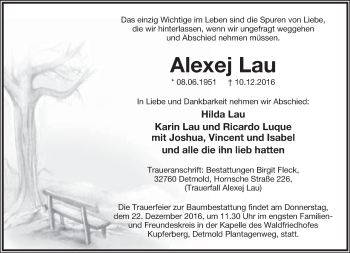 Anzeige  Alexej Lau  Lippische Landes-Zeitung