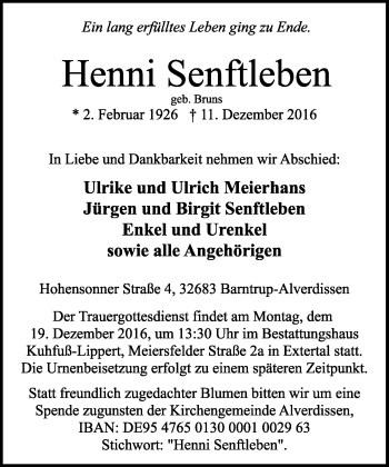 Anzeige  Henni Senftleben  Lippische Landes-Zeitung