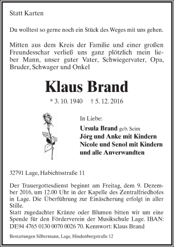 Anzeige  Klaus Brand  Lippische Landes-Zeitung
