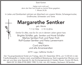 Anzeige  Margarethe Sentker  Lippische Landes-Zeitung