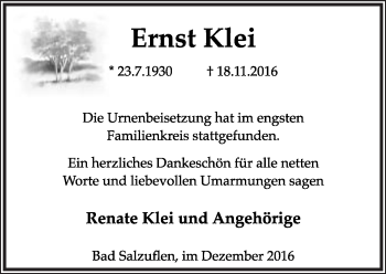 Anzeige  Ernst Klei  Lippische Landes-Zeitung