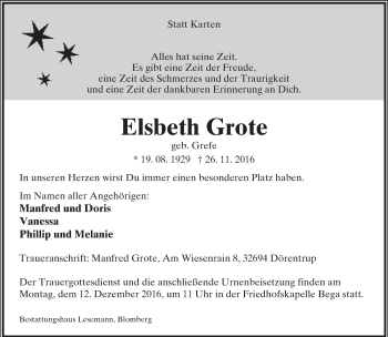 Anzeige  Elsbeth Grote  Lippische Landes-Zeitung