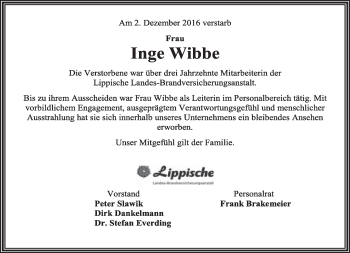 Anzeige  Inge Wibbe  Lippische Landes-Zeitung
