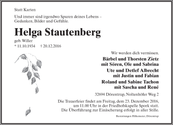 Anzeige  Helga Stautenberg  Lippische Landes-Zeitung