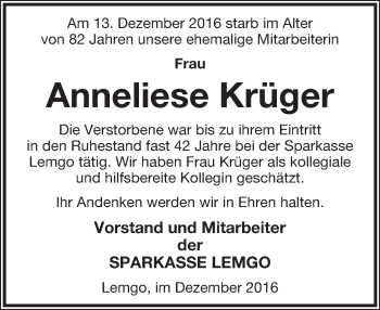 Anzeige  Anneliese Krüger  Lippische Landes-Zeitung
