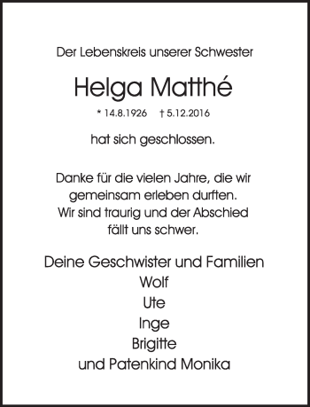 Anzeige  Helga Matthe  Lippische Landes-Zeitung
