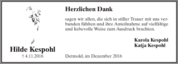 Anzeige  Hilde Kespohl  Lippische Landes-Zeitung
