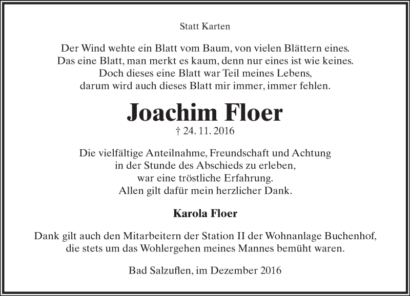  Traueranzeige für Joachim Floer vom 31.12.2016 aus Lippische Landes-Zeitung