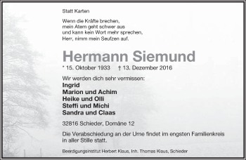 Anzeige  Hermann Siemund  Lippische Landes-Zeitung