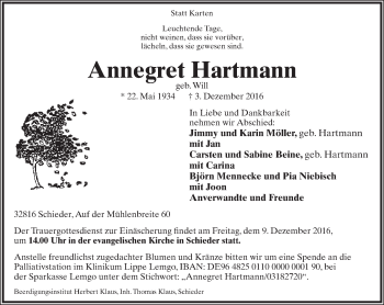 Anzeige  Annegret Hartmann  Lippische Landes-Zeitung