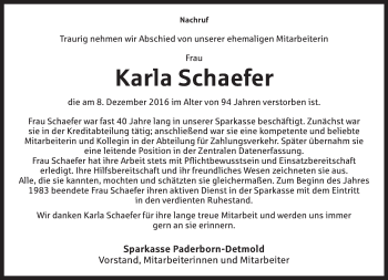 Anzeige  Karla Schaefer  Lippische Landes-Zeitung