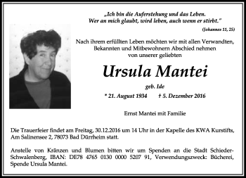 Anzeige  Ursula Mantei  Lippische Landes-Zeitung