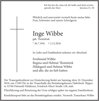 Anzeige  Inge Wibbe  Lippische Landes-Zeitung