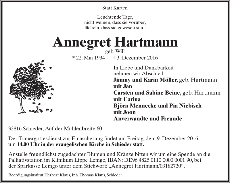  Traueranzeige für Annegret Hartmann vom 06.12.2016 aus Lippische Landes-Zeitung