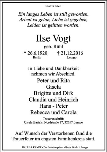 Anzeige  Ilse Vogt  Lippische Landes-Zeitung