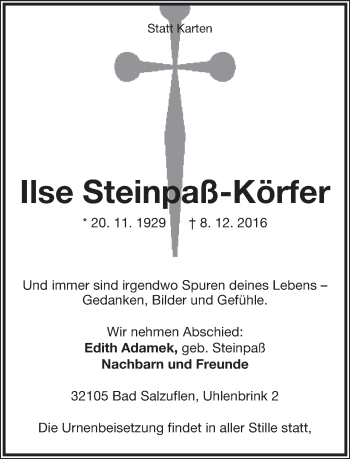 Anzeige  Ilse Steinpaß-Körfer  Lippische Landes-Zeitung