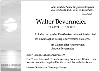 Anzeige  Walter Bevermeier  Lippische Landes-Zeitung