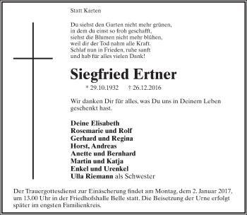 Anzeige  Siegfried Ertner  Lippische Landes-Zeitung