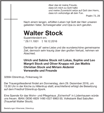 Anzeige  Walter Stock  Lippische Landes-Zeitung