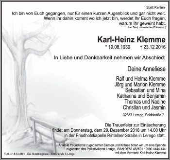 Anzeige  Karl-Heinz Klemme  Lippische Landes-Zeitung