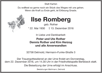 Anzeige  Ilse Romberg  Lippische Landes-Zeitung