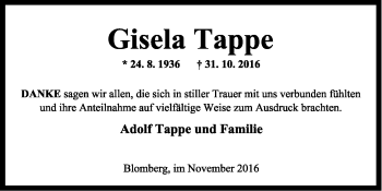 Anzeige  Gisela Tappe  Lippische Landes-Zeitung