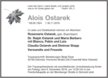Anzeige  Alois Ostarek  Lippische Landes-Zeitung