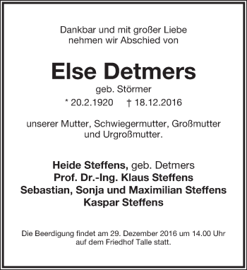 Anzeige  Else Detmers  Lippische Landes-Zeitung