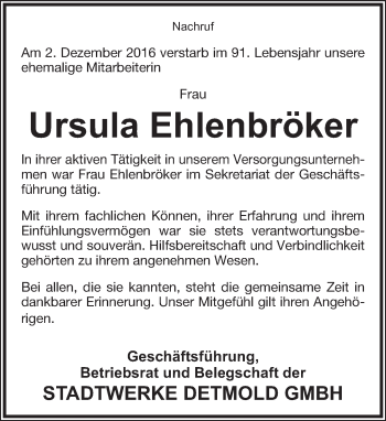 Anzeige  Ursula Ehlenbröker  Lippische Landes-Zeitung