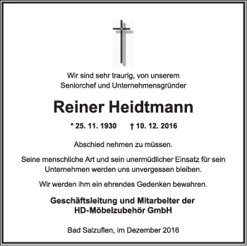 Anzeige  Reiner Heidtmann  Lippische Landes-Zeitung