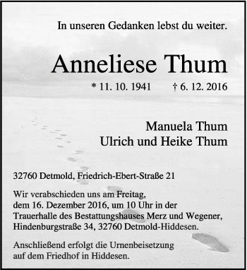 Anzeige  Anneliese Thum  Lippische Landes-Zeitung